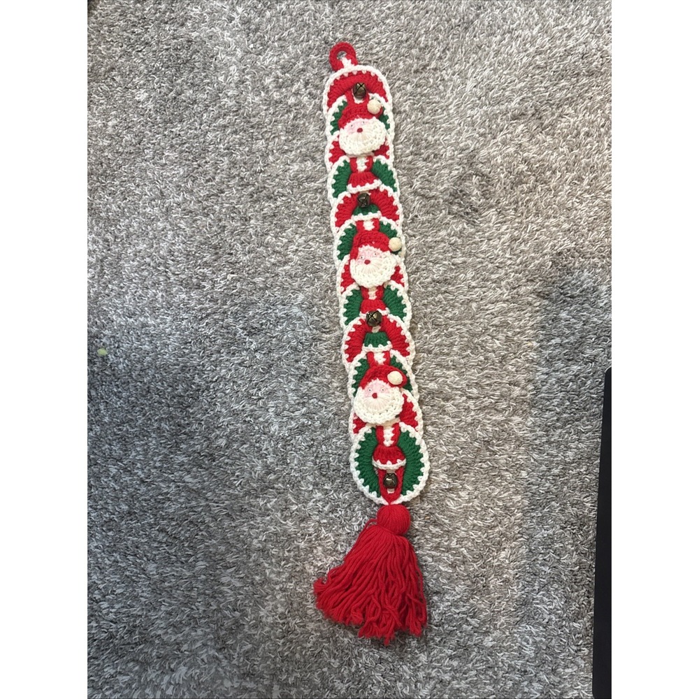Handmade Crocheted Christmas Bell Santa Wall Hanging Vintage Holiday